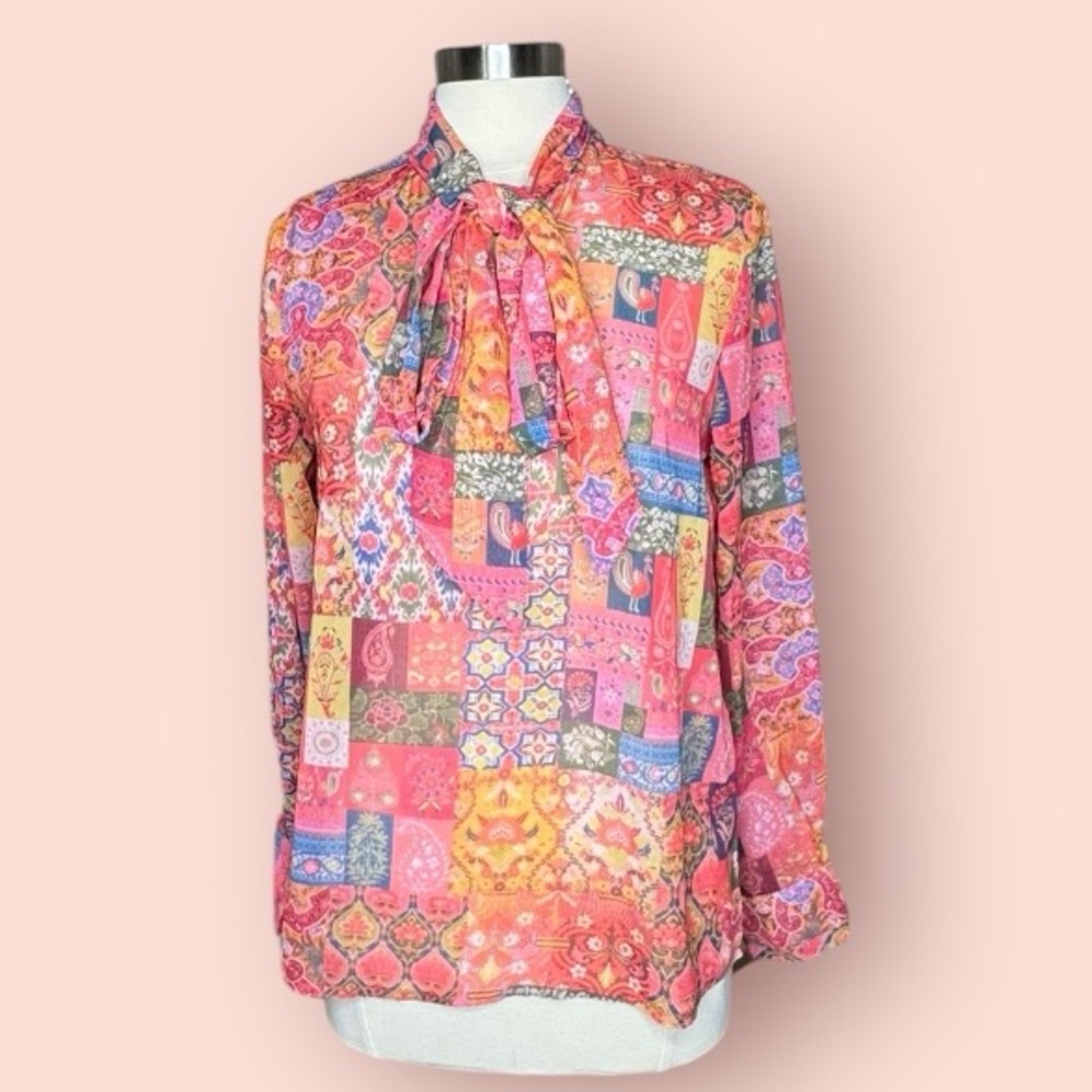 Pink Semi-Sheer Patchwork Print Blouson Sleeve Ti… - image 1